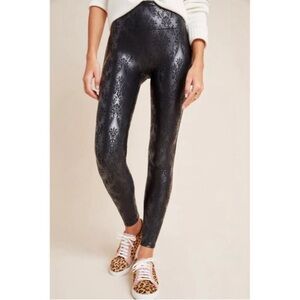 SPANX Faux Leather Floral Print Pattern Black Leggings Size L